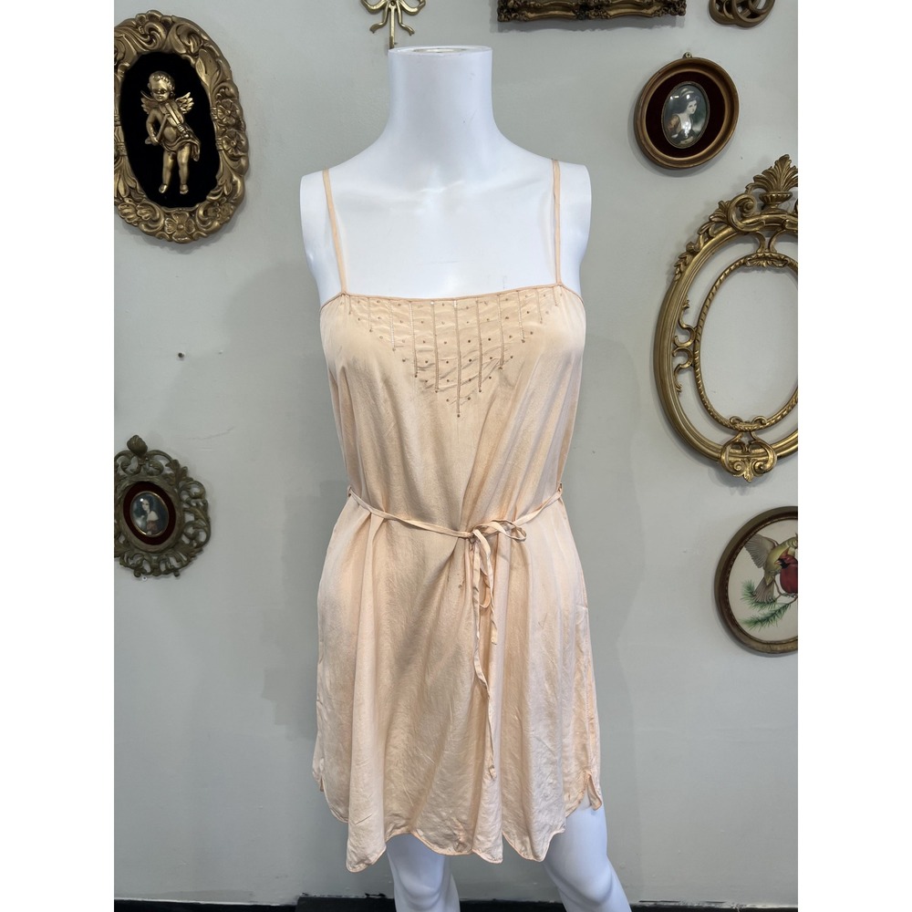 Antique 1920s Hand-Made Peach Silk Beaded Slip Dress Vintage Lingerie Size 34